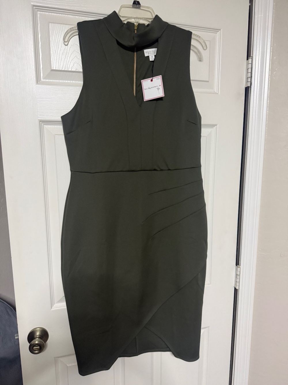 Bisou Bisou Olive Green Sleeveless Midi Dress with Mock Neck